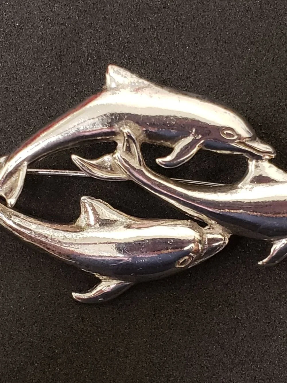 Vintage Sterling Silver 3D Three Dolphin Swimming Ocean Estate Pin Brooch